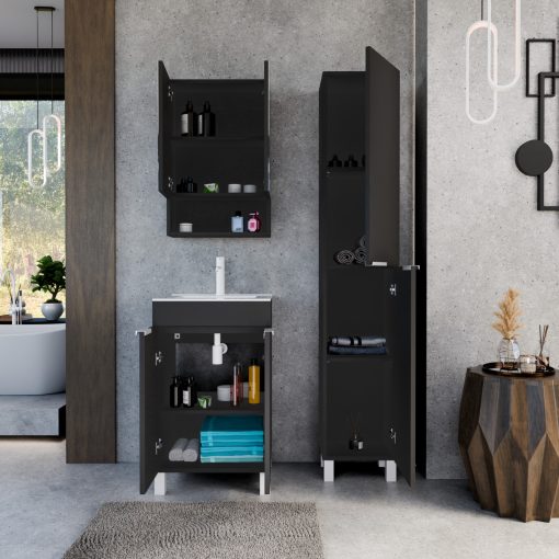 HD Paris Matt Black 50 komplett fürdőszoba bútor szett álló mosdószekrénnyel, matt fehér elemekkel, fényes fehér slim mosdóval, tükrös szekrénnyel és magasszekrénnyel