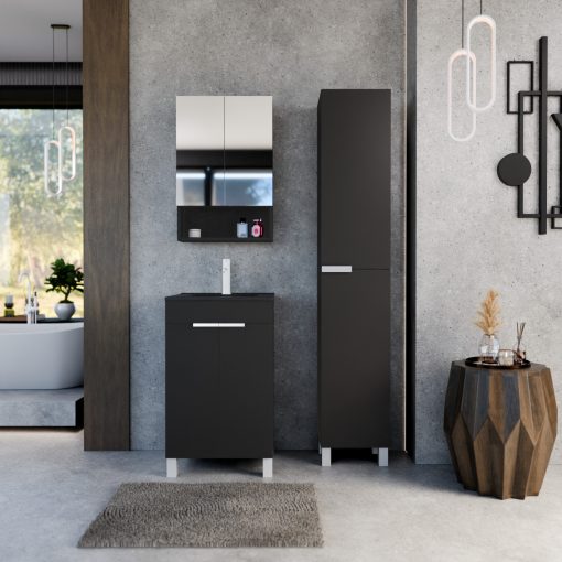 HD Paris Matt Black 50 komplett fürdőszoba bútor álló mosdószekrénnyel, matt fehér elemekkel, matt fekete slim mosdóval és tükrös szekrénnyel