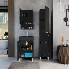 HD Paris Matt Black 50 komplett fürdőszoba bútor álló mosdószekrénnyel, matt fehér elemekkel, matt fekete slim mosdóval és tükrös szekrénnyel