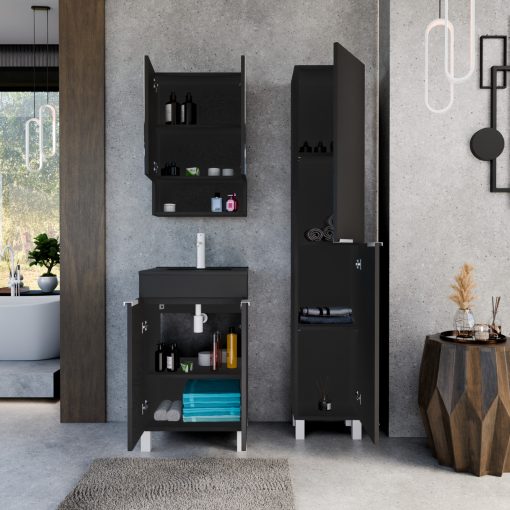 HD Paris Matt Black 50 komplett fürdőszoba bútor álló mosdószekrénnyel, matt fehér elemekkel, matt fekete slim mosdóval és tükrös szekrénnyel