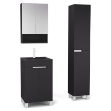 HD Paris Matt Black 50 komplett fürdőszoba bútor szett álló mosdószekrénnyel, matt fehér elemekkel, matt fekete slim mosdóval, tükrös szekrénnyel és magasszekrénnyel