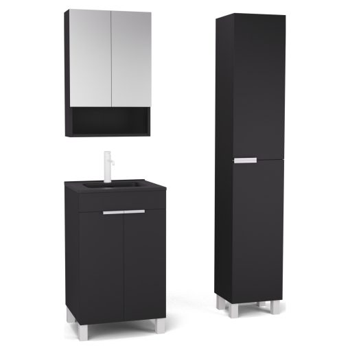 HD Paris Matt Black 50 komplett fürdőszoba bútor szett álló mosdószekrénnyel, matt fehér elemekkel, matt fekete slim mosdóval, tükrös szekrénnyel és magasszekrénnyel