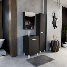 HD Paris Matt Black 50 komplett fürdőszoba bútor szett álló mosdószekrénnyel, matt fehér elemekkel, matt fekete slim mosdóval, tükrös szekrénnyel és magasszekrénnyel