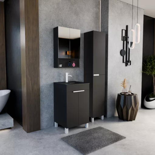 HD Paris Matt Black 50 komplett fürdőszoba bútor szett álló mosdószekrénnyel, matt fehér elemekkel, matt fekete slim mosdóval, tükrös szekrénnyel és magasszekrénnyel