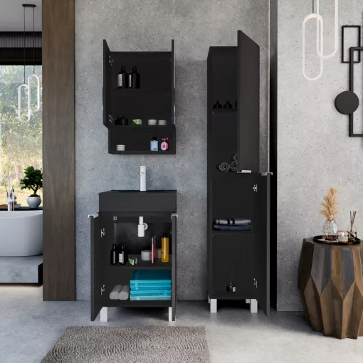 HD Paris Matt Black 50 komplett fürdőszoba bútor szett álló mosdószekrénnyel, matt fehér elemekkel, matt fekete slim mosdóval, tükrös szekrénnyel és magasszekrénnyel