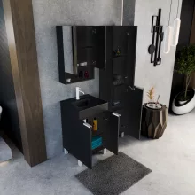 HD Paris Matt Black 50 komplett fürdőszoba bútor szett álló mosdószekrénnyel, matt fehér elemekkel, matt fekete slim mosdóval, tükrös szekrénnyel és magasszekrénnyel