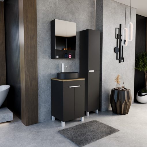 HD Paris Matt Black 50 komplett fürdőszoba bútor álló mosdószekrénnyel, matt fehér elemekkel, tölgyfa színű mosdópulttal és tükrös szekrénnyel