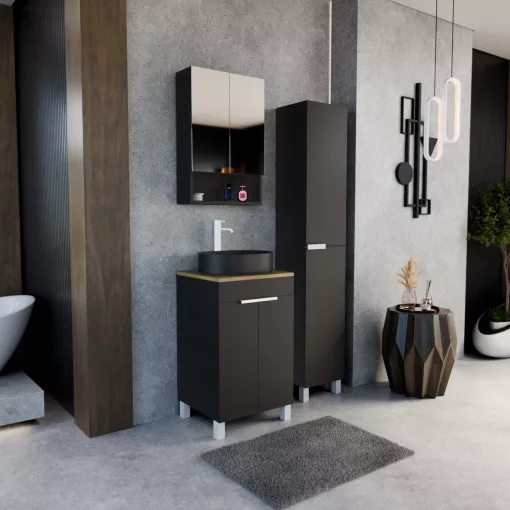 HD Paris Matt Black 50 komplett fürdőszoba bútor szett álló mosdószekrénnyel, matt fehér elemekkel, tölgyfa színű mosdópulttal, tükrös szekrénnyel és magasszekrénnyel