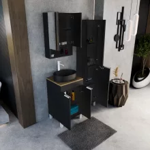 HD Paris Matt Black 50 komplett fürdőszoba bútor szett álló mosdószekrénnyel, matt fehér elemekkel, tölgyfa színű mosdópulttal, tükrös szekrénnyel és magasszekrénnyel