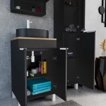 HD Paris Matt Black 50 komplett fürdőszoba bútor szett álló mosdószekrénnyel, matt fehér elemekkel, tölgyfa színű mosdópulttal, tükrös szekrénnyel és magasszekrénnyel