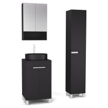 HD Paris Matt Black 50 komplett fürdőszoba bútor szett álló mosdószekrénnyel, matt fehér elemekkel, fekete mosdópulttal, tükrös szekrénnyel és magasszekrénnyel