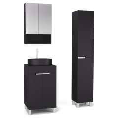  HD Paris Matt Black 50 komplett fürdőszoba bútor szett álló mosdószekrénnyel, matt fehér elemekkel, fekete mosdópulttal, tükrös szekrénnyel és magasszekrénnyel