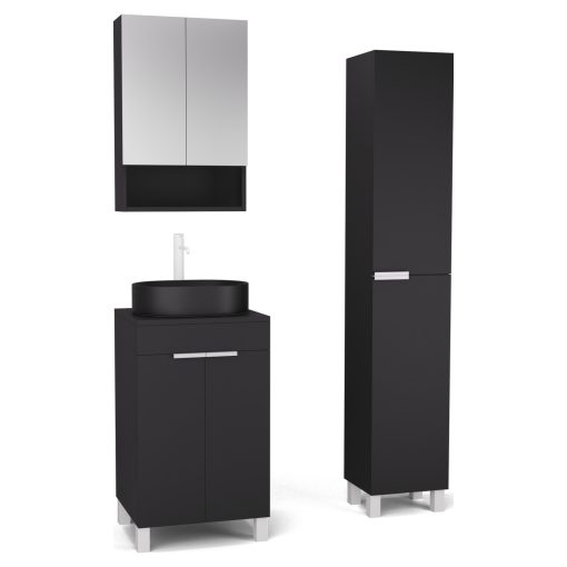 HD Paris Matt Black 50 komplett fürdőszoba bútor szett álló mosdószekrénnyel, matt fehér elemekkel, fekete mosdópulttal, tükrös szekrénnyel és magasszekrénnyel