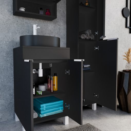 HD Paris Matt Black 50 komplett fürdőszoba bútor szett álló mosdószekrénnyel, matt fehér elemekkel, fekete mosdópulttal, tükrös szekrénnyel és magasszekrénnyel