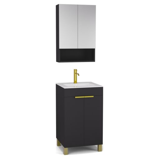 HD Paris Matt Black 50 komplett fürdőszoba bútor álló mosdószekrénnyel, szálcsiszolt arany elemekkel, fényes fehér slim mosdóval és tükrös szekrénnyel