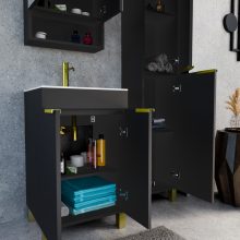 HD Paris Matt Black 50 komplett fürdőszoba bútor szett álló mosdószekrénnyel, szálcsiszolt arany elemekkel, fényes fehér slim mosdóval, tükrös szekrénnyel és magasszekrénnyel