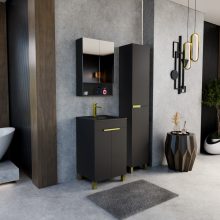 HD Paris Matt Black 50 komplett fürdőszoba bútor álló mosdószekrénnyel, szálcsiszolt arany elemekkel, matt fekete slim mosdóval és tükrös szekrénnyel