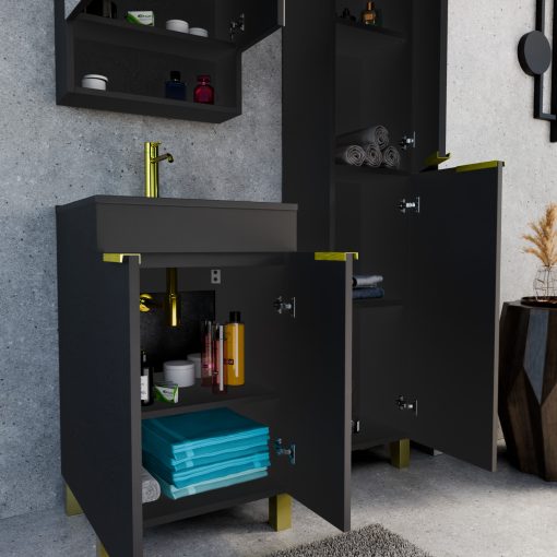 HD Paris Matt Black 50 komplett fürdőszoba bútor álló mosdószekrénnyel, szálcsiszolt arany elemekkel, matt fekete slim mosdóval és tükrös szekrénnyel