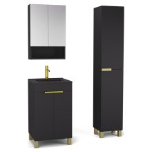 HD Paris Matt Black 50 komplett fürdőszoba bútor szett álló mosdószekrénnyel, szálcsiszolt arany elemekkel, matt fekete slim mosdóval, tükrös szekrénnyel és magasszekrénnyel