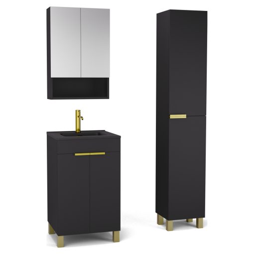 HD Paris Matt Black 50 komplett fürdőszoba bútor szett álló mosdószekrénnyel, szálcsiszolt arany elemekkel, matt fekete slim mosdóval, tükrös szekrénnyel és magasszekrénnyel