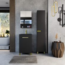 HD Paris Matt Black 50 komplett fürdőszoba bútor szett álló mosdószekrénnyel, szálcsiszolt arany elemekkel, matt fekete slim mosdóval, tükrös szekrénnyel és magasszekrénnyel