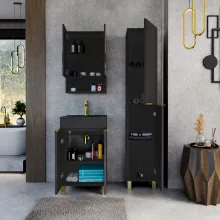 HD Paris Matt Black 50 komplett fürdőszoba bútor szett álló mosdószekrénnyel, szálcsiszolt arany elemekkel, matt fekete slim mosdóval, tükrös szekrénnyel és magasszekrénnyel