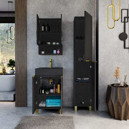 HD Paris Matt Black 50 komplett fürdőszoba bútor szett álló mosdószekrénnyel, szálcsiszolt arany elemekkel, matt fekete slim mosdóval, tükrös szekrénnyel és magasszekrénnyel