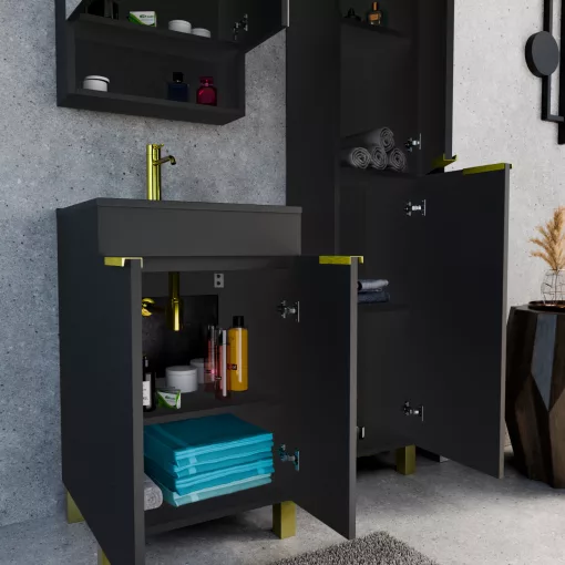 HD Paris Matt Black 50 komplett fürdőszoba bútor szett álló mosdószekrénnyel, szálcsiszolt arany elemekkel, matt fekete slim mosdóval, tükrös szekrénnyel és magasszekrénnyel