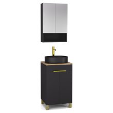 HD Paris Matt Black 50 komplett fürdőszoba bútor álló mosdószekrénnyel, szálcsiszolt arany elemekkel, tölgyfa színű mosdópulttal és tükrös szekrénnyel