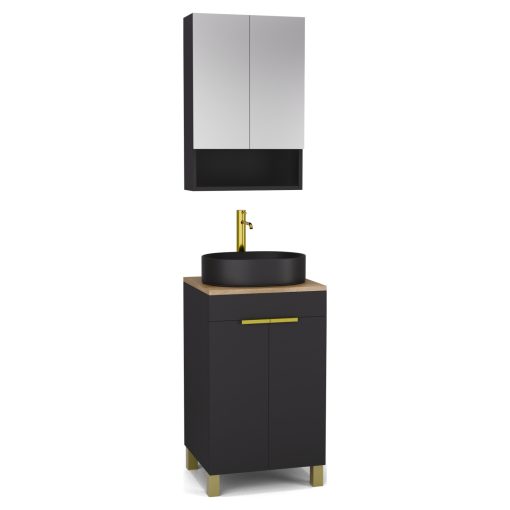HD Paris Matt Black 50 komplett fürdőszoba bútor álló mosdószekrénnyel, szálcsiszolt arany elemekkel, tölgyfa színű mosdópulttal és tükrös szekrénnyel