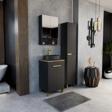 HD Paris Matt Black 50 komplett fürdőszoba bútor álló mosdószekrénnyel, szálcsiszolt arany elemekkel, tölgyfa színű mosdópulttal és tükrös szekrénnyel