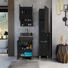 HD Paris Matt Black 50 komplett fürdőszoba bútor álló mosdószekrénnyel, szálcsiszolt arany elemekkel, tölgyfa színű mosdópulttal és tükrös szekrénnyel