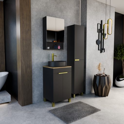 HD Paris Matt Black 50 komplett fürdőszoba bútor szett álló mosdószekrénnyel, szálcsiszolt arany elemekkel, tölgyfa színű mosdópulttal, tükrös szekrénnyel és magasszekrénnyel