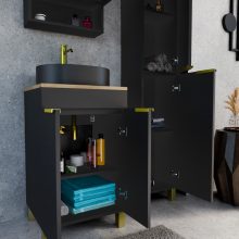 HD Paris Matt Black 50 komplett fürdőszoba bútor szett álló mosdószekrénnyel, szálcsiszolt arany elemekkel, tölgyfa színű mosdópulttal, tükrös szekrénnyel és magasszekrénnyel