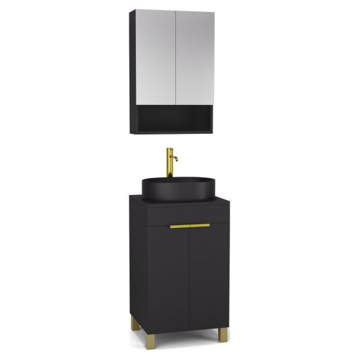 HD Paris Matt Black 50 komplett fürdőszoba bútor álló mosdószekrénnyel, szálcsiszolt arany elemekkel, fekete mosdópulttal és tükrös szekrénnyel
