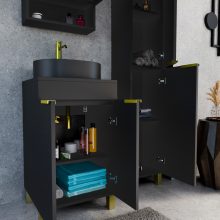 HD Paris Matt Black 50 komplett fürdőszoba bútor álló mosdószekrénnyel, szálcsiszolt arany elemekkel, fekete mosdópulttal és tükrös szekrénnyel