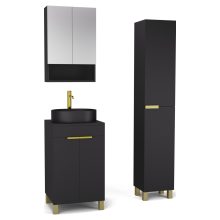 HD Paris Matt Black 50 komplett fürdőszoba bútor szett álló mosdószekrénnyel, szálcsiszolt arany elemekkel, fekete mosdópulttal, tükrös szekrénnyel és magasszekrénnyel