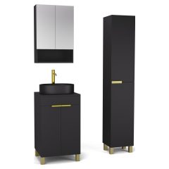   HD Paris Matt Black 50 komplett fürdőszoba bútor szett álló mosdószekrénnyel, szálcsiszolt arany elemekkel, fekete mosdópulttal, tükrös szekrénnyel és magasszekrénnyel