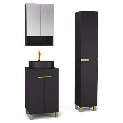 HD Paris Matt Black 50 komplett fürdőszoba bútor szett álló mosdószekrénnyel, szálcsiszolt arany elemekkel, fekete mosdópulttal, tükrös szekrénnyel és magasszekrénnyel