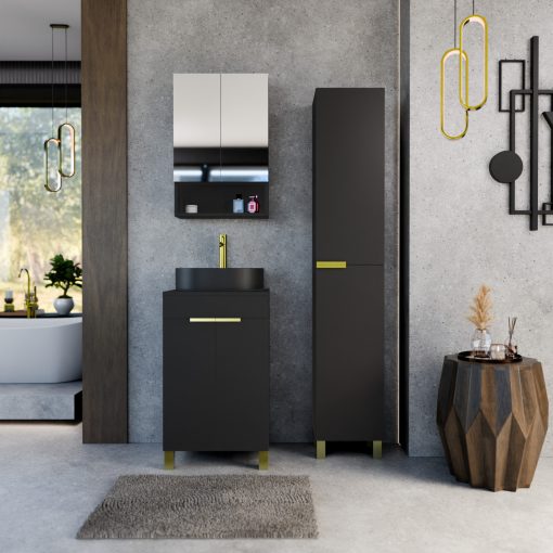 HD Paris Matt Black 50 komplett fürdőszoba bútor szett álló mosdószekrénnyel, szálcsiszolt arany elemekkel, fekete mosdópulttal, tükrös szekrénnyel és magasszekrénnyel