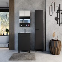 HD Paris Matt Black 50 komplett fürdőszoba bútor álló mosdószekrénnyel, matt fekete elemekkel, fényes fehér slim mosdóval és tükrös szekrénnyel