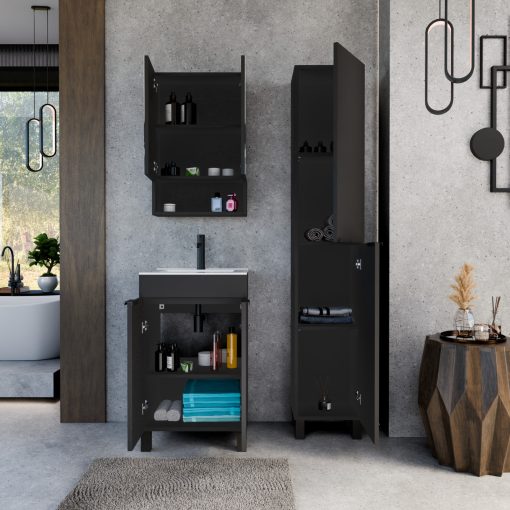 HD Paris Matt Black 50 komplett fürdőszoba bútor álló mosdószekrénnyel, matt fekete elemekkel, fényes fehér slim mosdóval és tükrös szekrénnyel