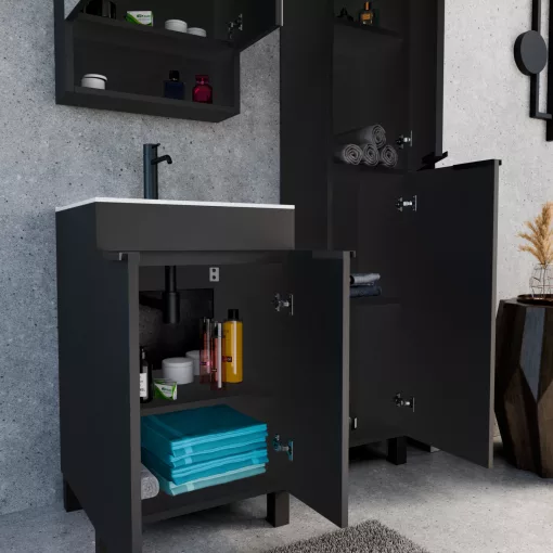 HD Paris Matt Black 50 komplett fürdőszoba bútor álló mosdószekrénnyel, matt fekete elemekkel, fényes fehér slim mosdóval és tükrös szekrénnyel