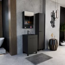 HD Paris Matt Black 50 komplett fürdőszoba bútor álló mosdószekrénnyel, matt fekete elemekkel, matt fekete slim mosdóval és tükrös szekrénnyel