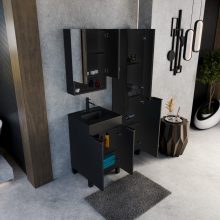 HD Paris Matt Black 50 komplett fürdőszoba bútor álló mosdószekrénnyel, matt fekete elemekkel, matt fekete slim mosdóval és tükrös szekrénnyel