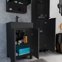 HD Paris Matt Black 50 komplett fürdőszoba bútor álló mosdószekrénnyel, matt fekete elemekkel, matt fekete slim mosdóval és tükrös szekrénnyel