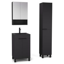 HD Paris Matt Black 50 komplett fürdőszoba bútor szett álló mosdószekrénnyel, matt fekete elemekkel, matt fekete slim mosdóval, tükrös szekrénnyel és magasszekrénnyel