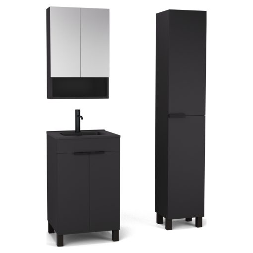 HD Paris Matt Black 50 komplett fürdőszoba bútor szett álló mosdószekrénnyel, matt fekete elemekkel, matt fekete slim mosdóval, tükrös szekrénnyel és magasszekrénnyel