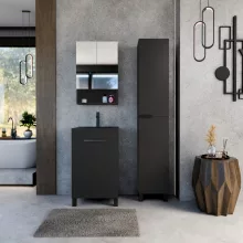 HD Paris Matt Black 50 komplett fürdőszoba bútor szett álló mosdószekrénnyel, matt fekete elemekkel, matt fekete slim mosdóval, tükrös szekrénnyel és magasszekrénnyel