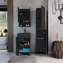 HD Paris Matt Black 50 komplett fürdőszoba bútor szett álló mosdószekrénnyel, matt fekete elemekkel, matt fekete slim mosdóval, tükrös szekrénnyel és magasszekrénnyel